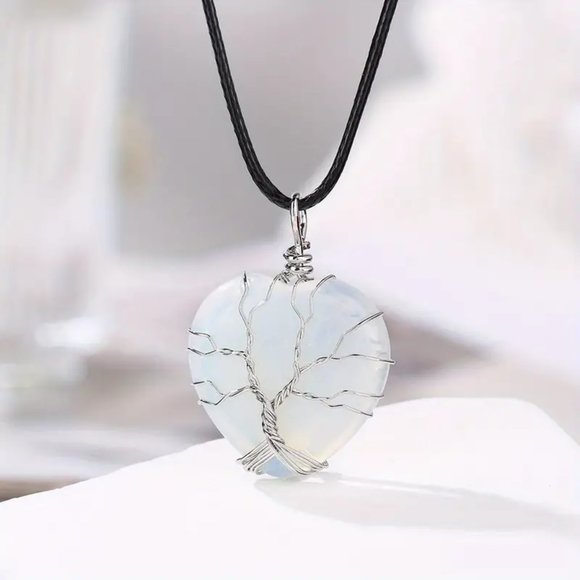 Heart Shaped Tree Of Life Wire Wrap Opal Glass Pendant - Picture 2 of 2